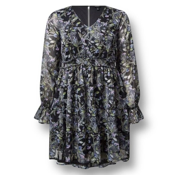Torrid 3X Floral Black Chiffon Tiered Dress Mini Lurex Long Sleeve Boho V-Neck - Picture 2 of 10